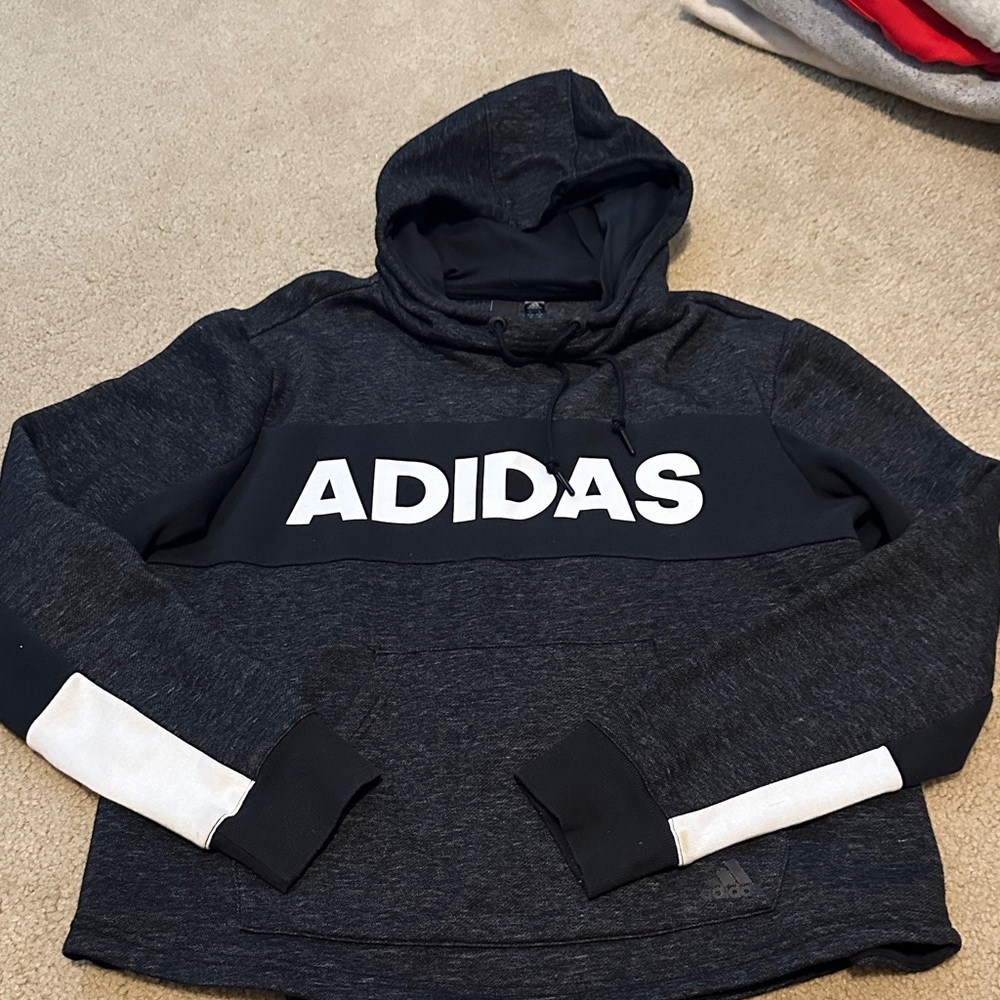 Adidas Men's Dark Gray Hoodie with White Accents